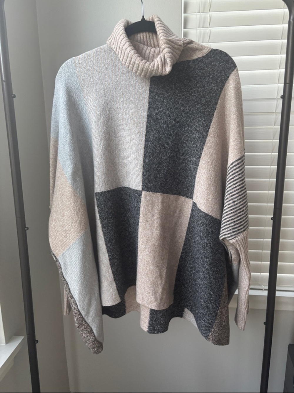 SHEIN Colorblock Turtleneck Poncho Sweater - Beige & Gray oversized
